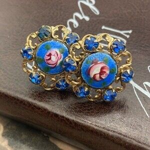 Vintage Guilloché Enamel Rose Earrings Blue Rhinestone Gold Screwback 1950s
